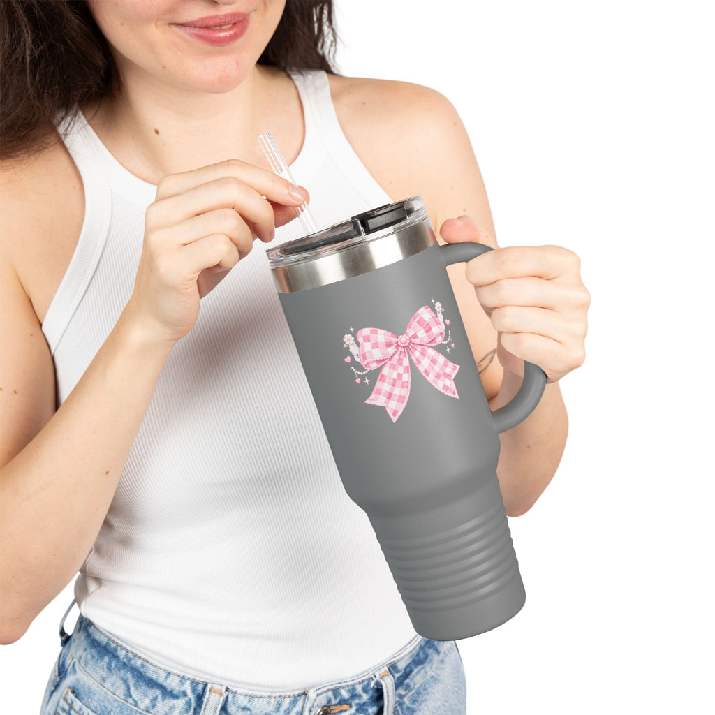 40oz Insulated Travel Mug — Pink Gingham Bow Design