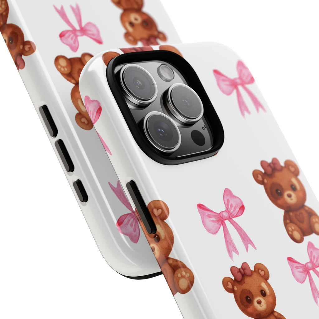 Cute Teddy Bear Phone Case – Pink Bows Patterned Protective iPhone Case