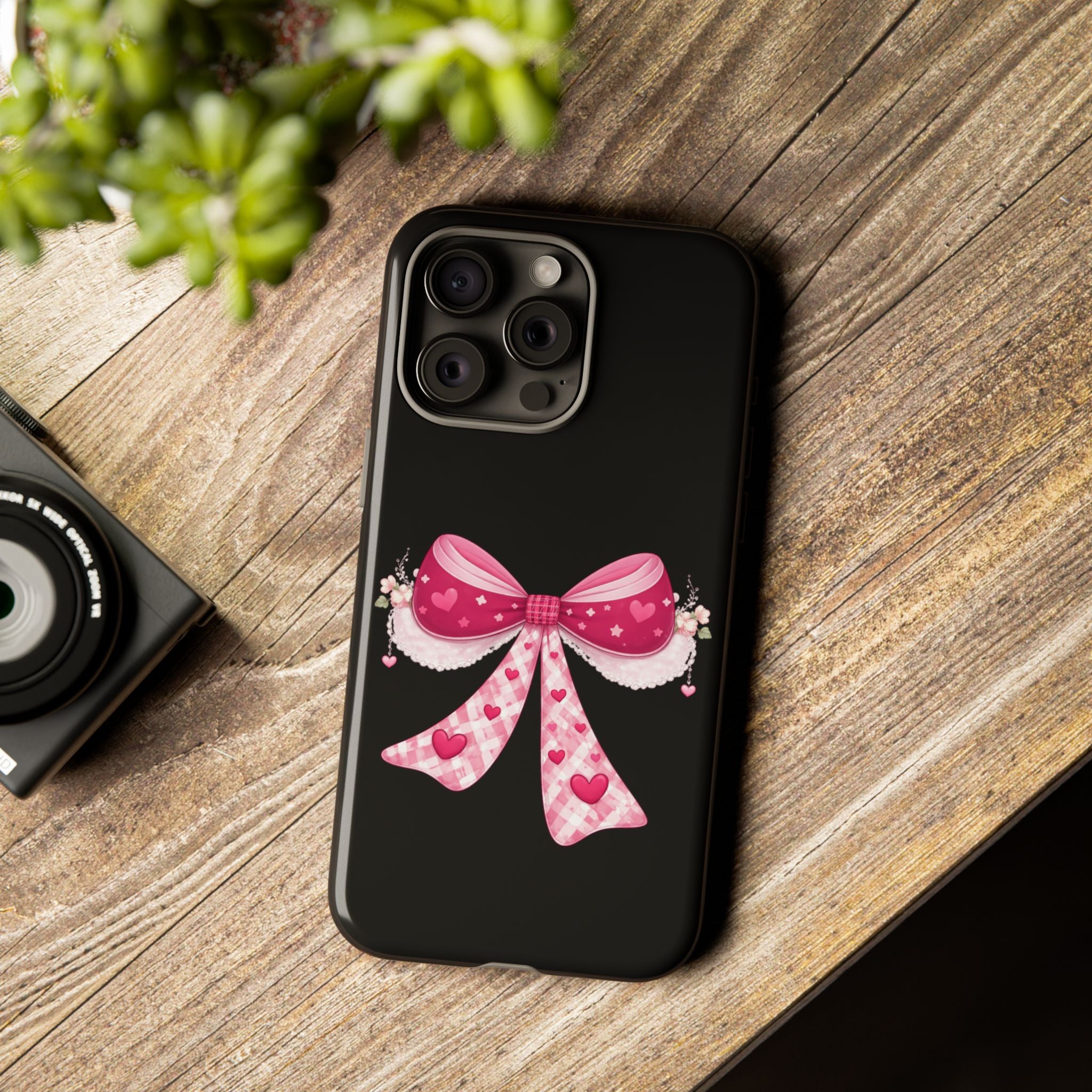 Pink Heart Bow Tough Phone Case — Cute Protective iPhone Cover