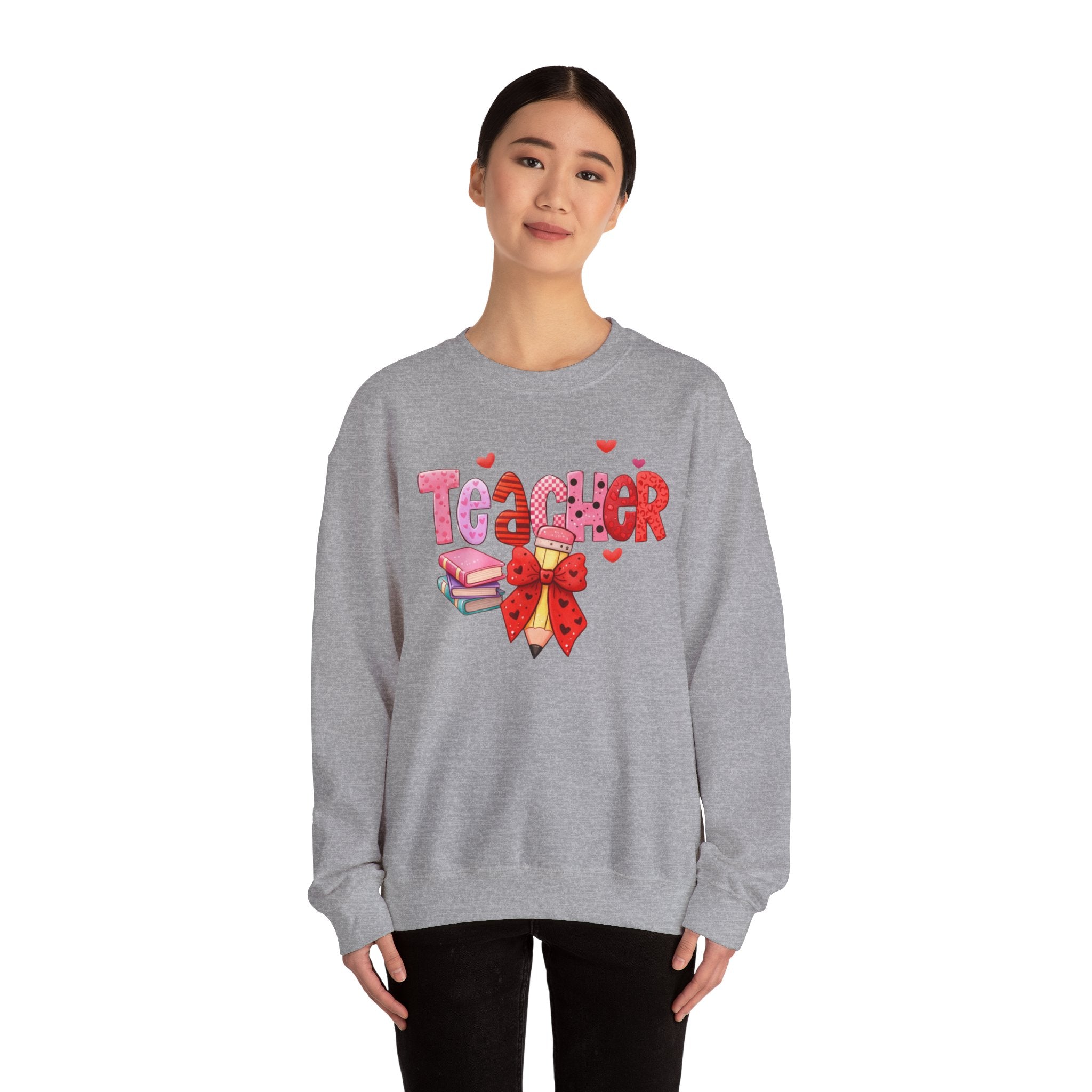 Teacher Heart Graphic Sweatshirt — Cute Books & Bow Design, Perfect for Teacher Gifts