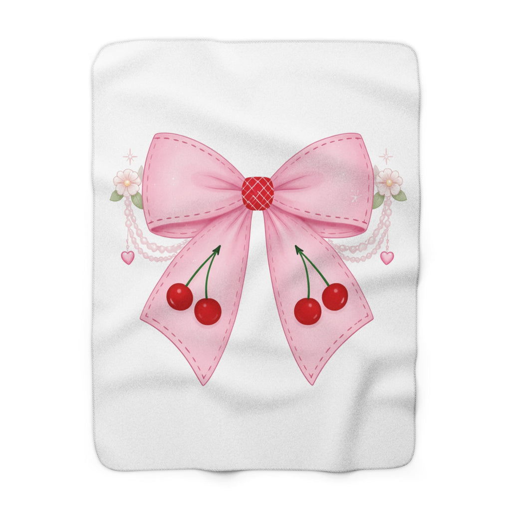 Cherry Bow Sherpa Blanket — Cute Pink Ribbon & Cherries Cozy Throw