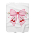 Cherry Bow Sherpa Blanket — Cute Pink Ribbon & Cherries Cozy Throw