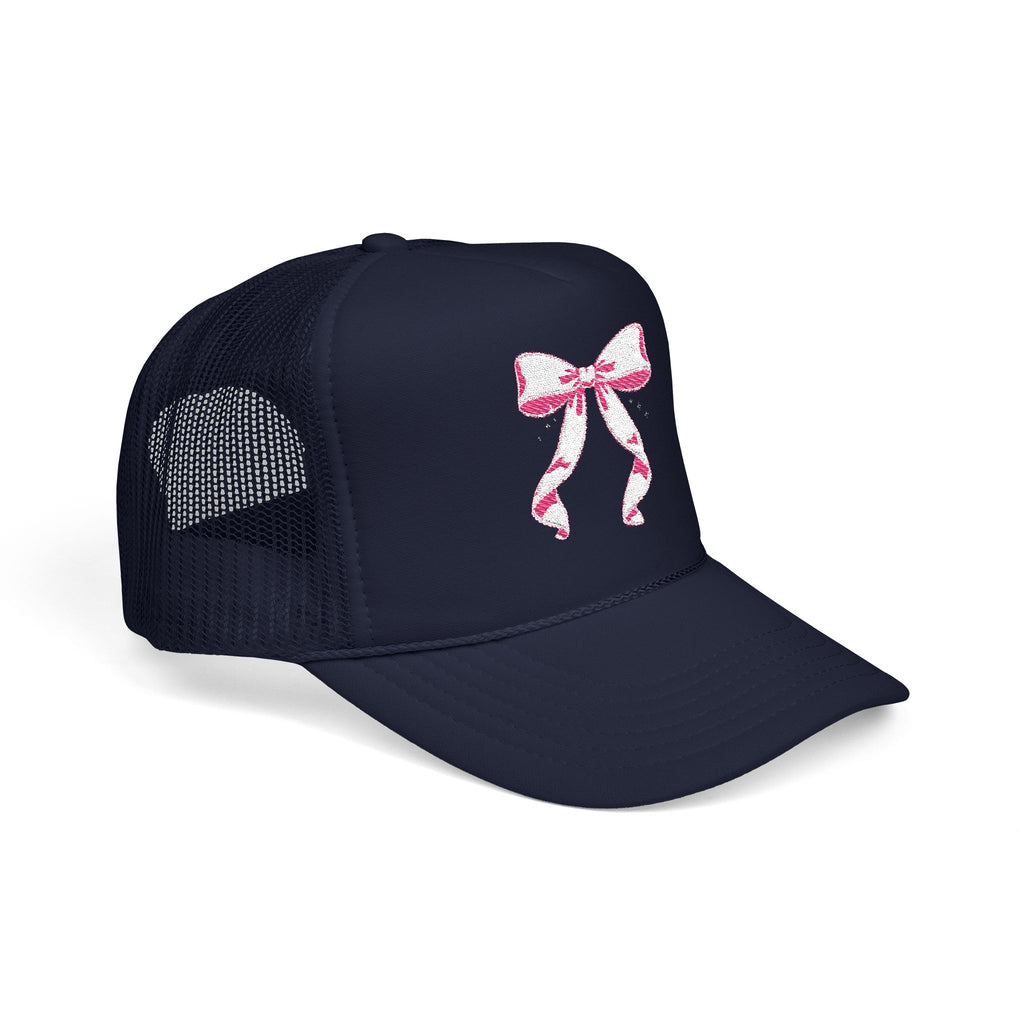 Bow Embroidered Trucker Hat — Pink Ribbon Detail Mesh Cap