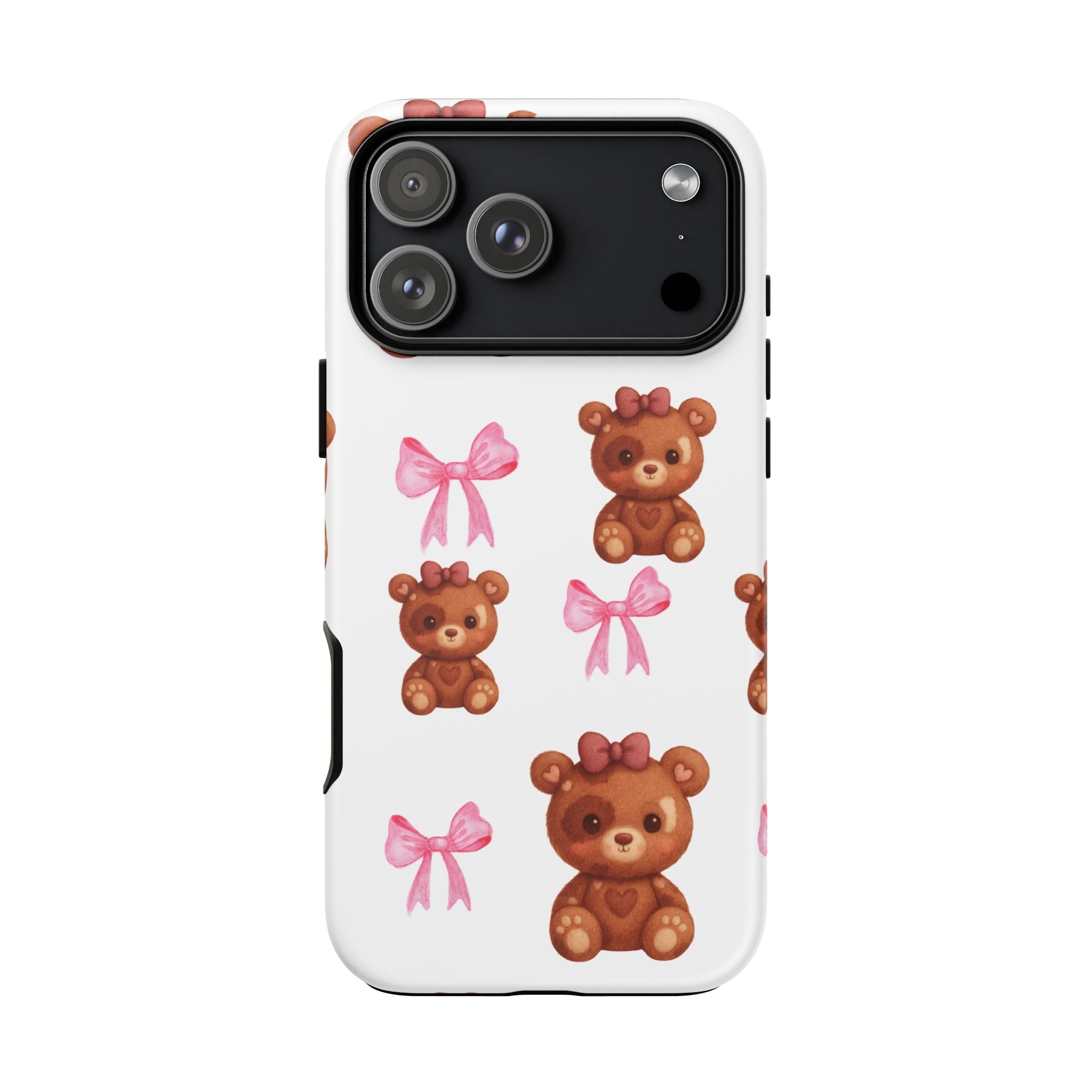 Cute Teddy Bear Phone Case – Pink Bows Patterned Protective iPhone Case
