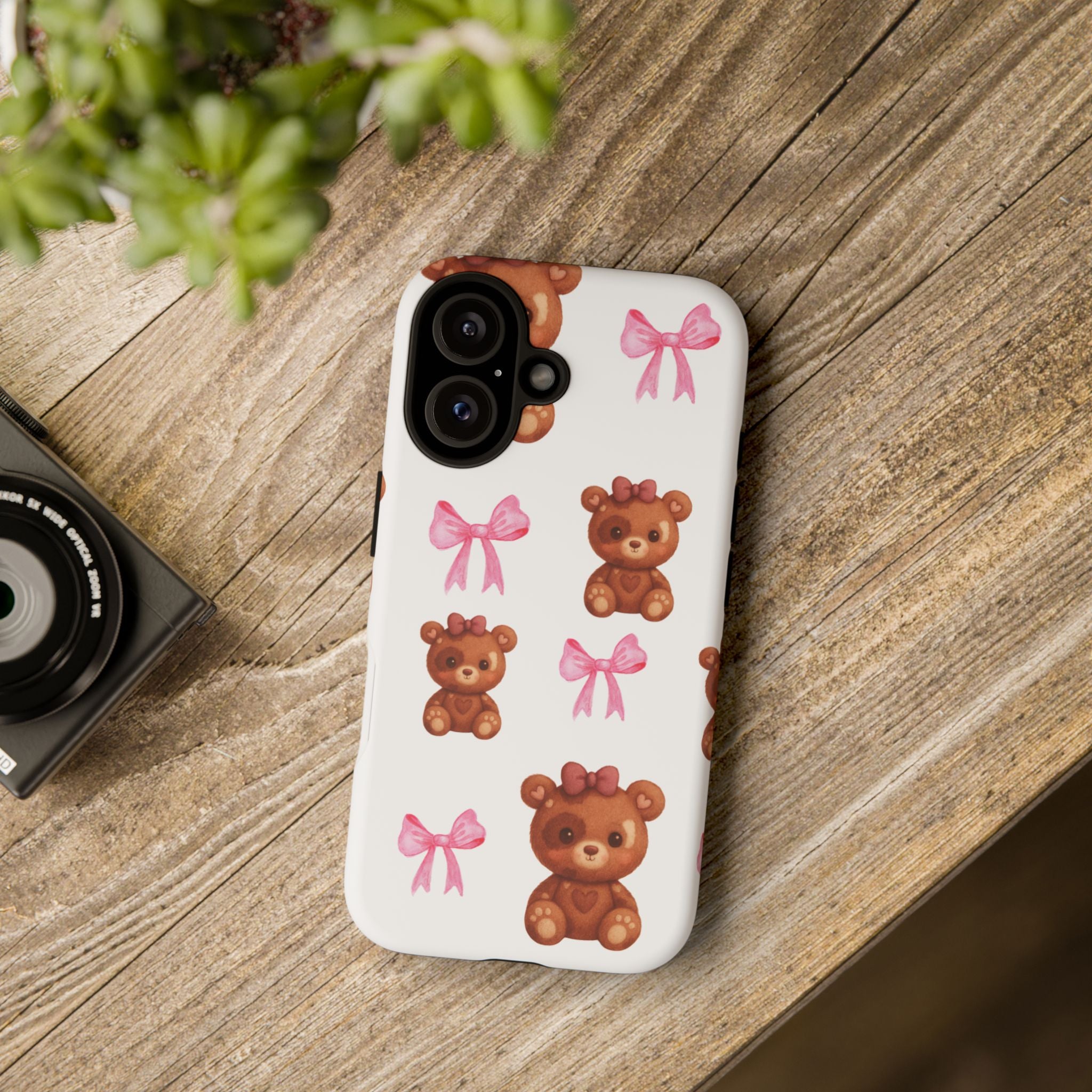 Cute Teddy Bear Phone Case – Pink Bows Patterned Protective iPhone Case
