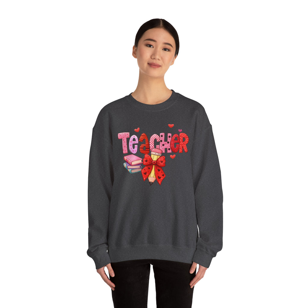 Teacher Heart Graphic Sweatshirt — Cute Books & Bow Design, Perfect for Teacher Gifts