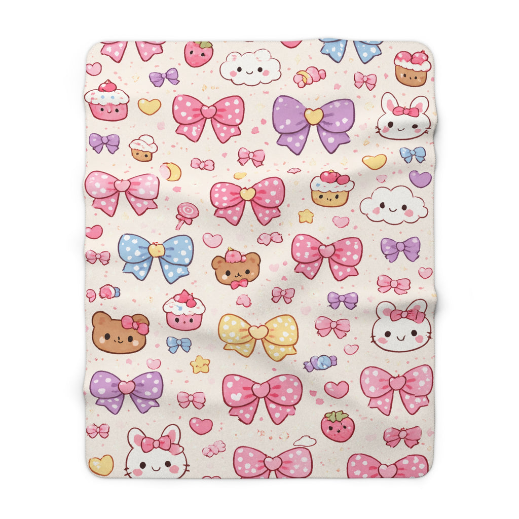Kawaii Pastel Bow Sherpa Blanket — Cute Dessert & Bear Pattern Cozy Throw