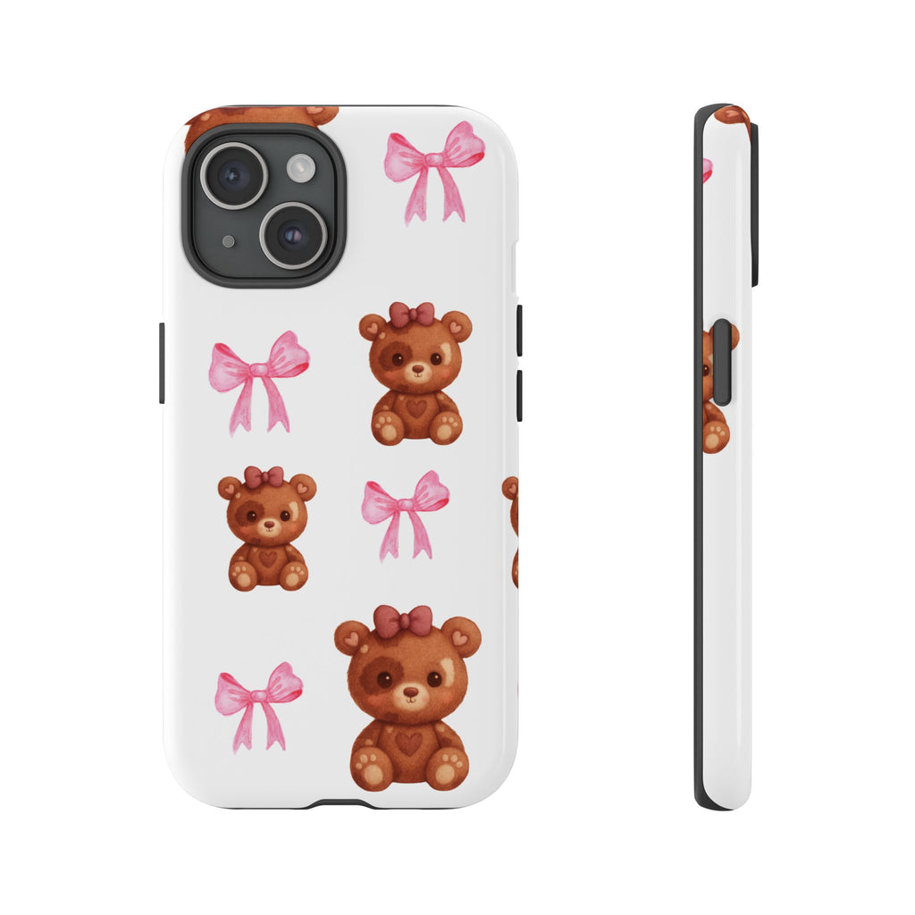 Cute Teddy Bear Phone Case – Pink Bows Patterned Protective iPhone Case