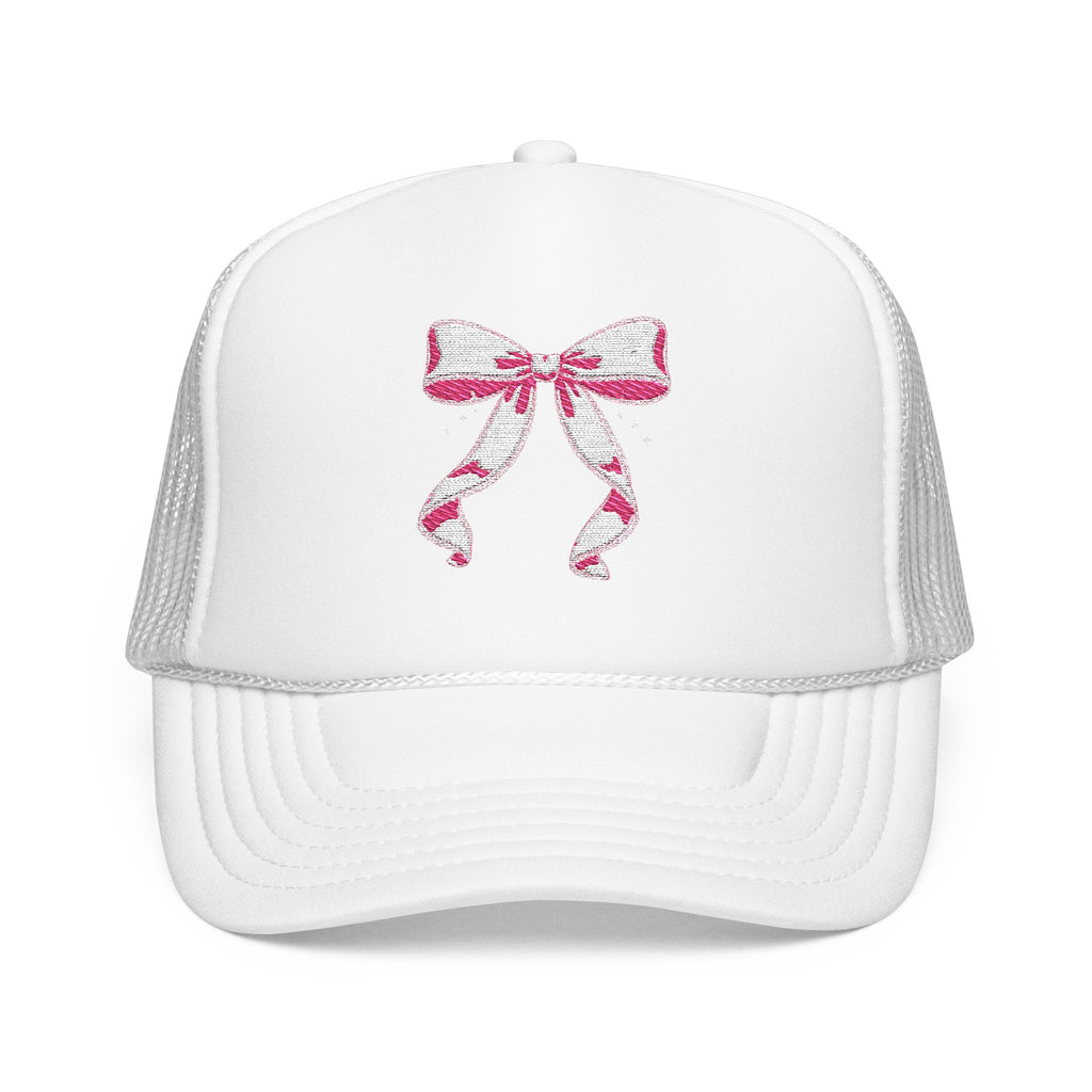 Bow Embroidered Trucker Hat — Pink Ribbon Detail Mesh Cap