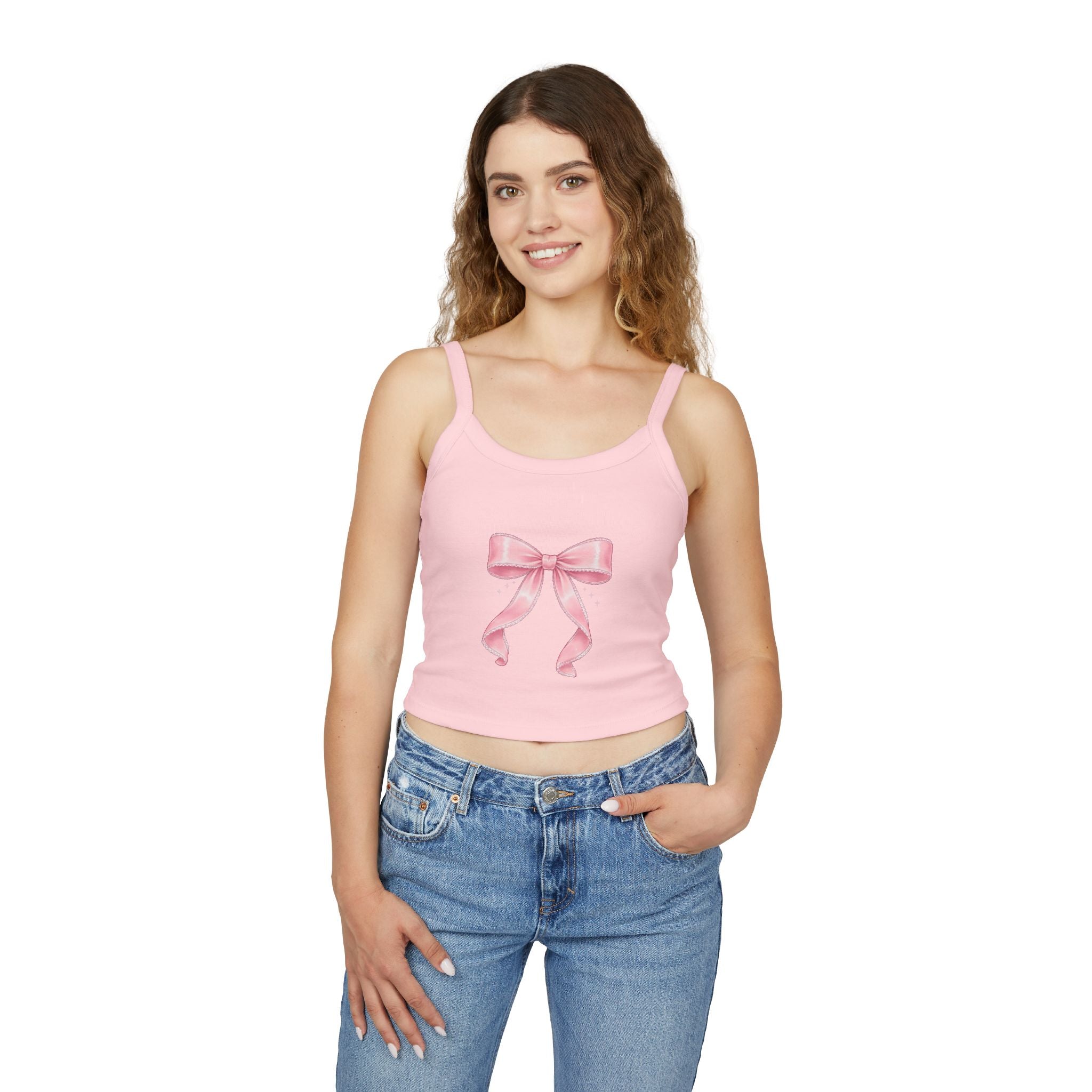Pink Ribbon Bow Crop Tank Top — Cute Girly Spaghetti Strap Top