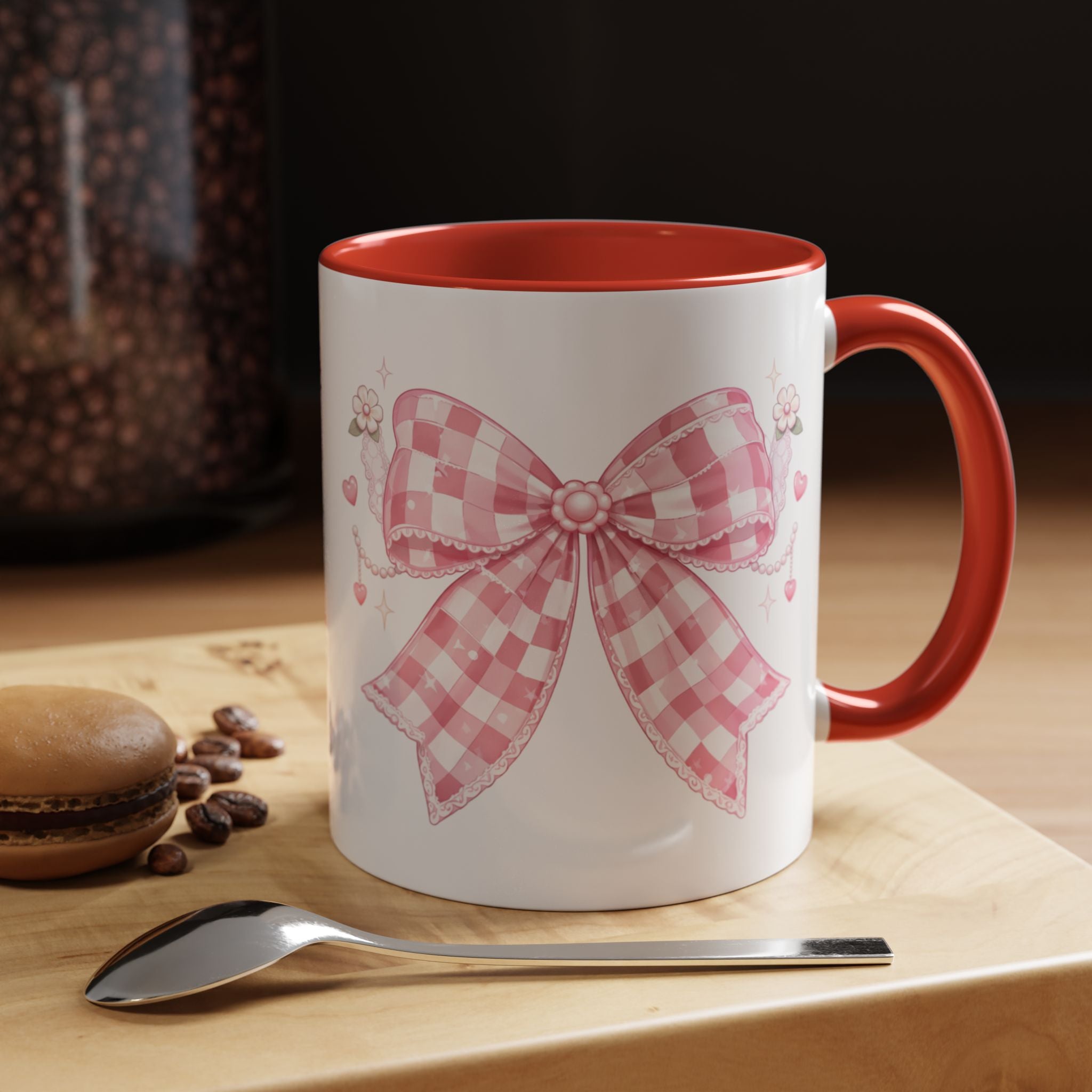 Pink Gingham Bow Accent Coffee Mug (11/15oz) — Cute Cottagecore Kitchen Gift