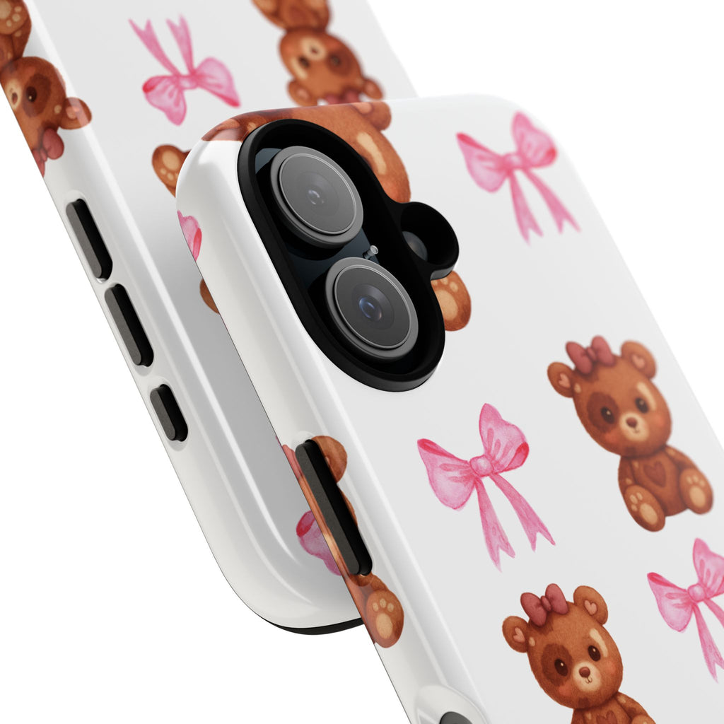 Cute Teddy Bear Phone Case – Pink Bows Patterned Protective iPhone Case