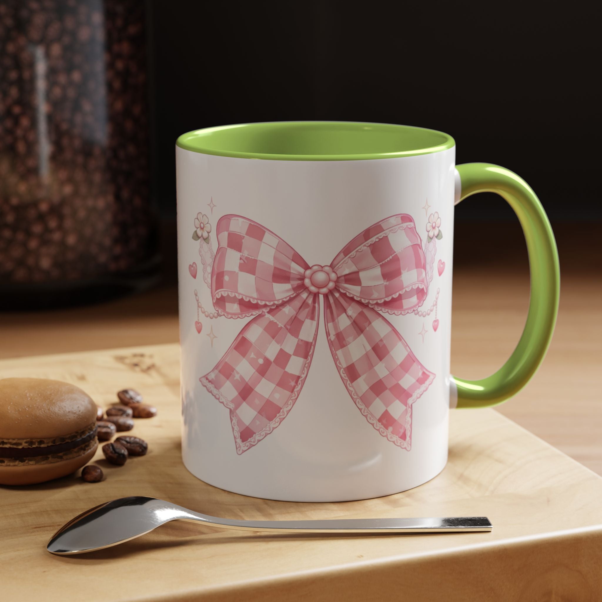 Pink Gingham Bow Accent Coffee Mug (11/15oz) — Cute Cottagecore Kitchen Gift