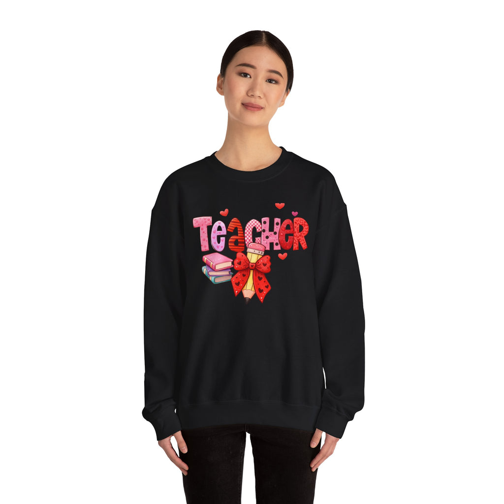 Teacher Heart Graphic Sweatshirt — Cute Books & Bow Design, Perfect for Teacher Gifts