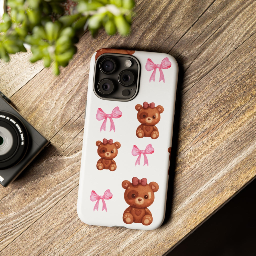 Cute Teddy Bear Phone Case – Pink Bows Patterned Protective iPhone Case