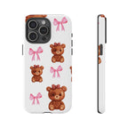 Cute Teddy Bear Phone Case – Pink Bows Patterned Protective iPhone Case