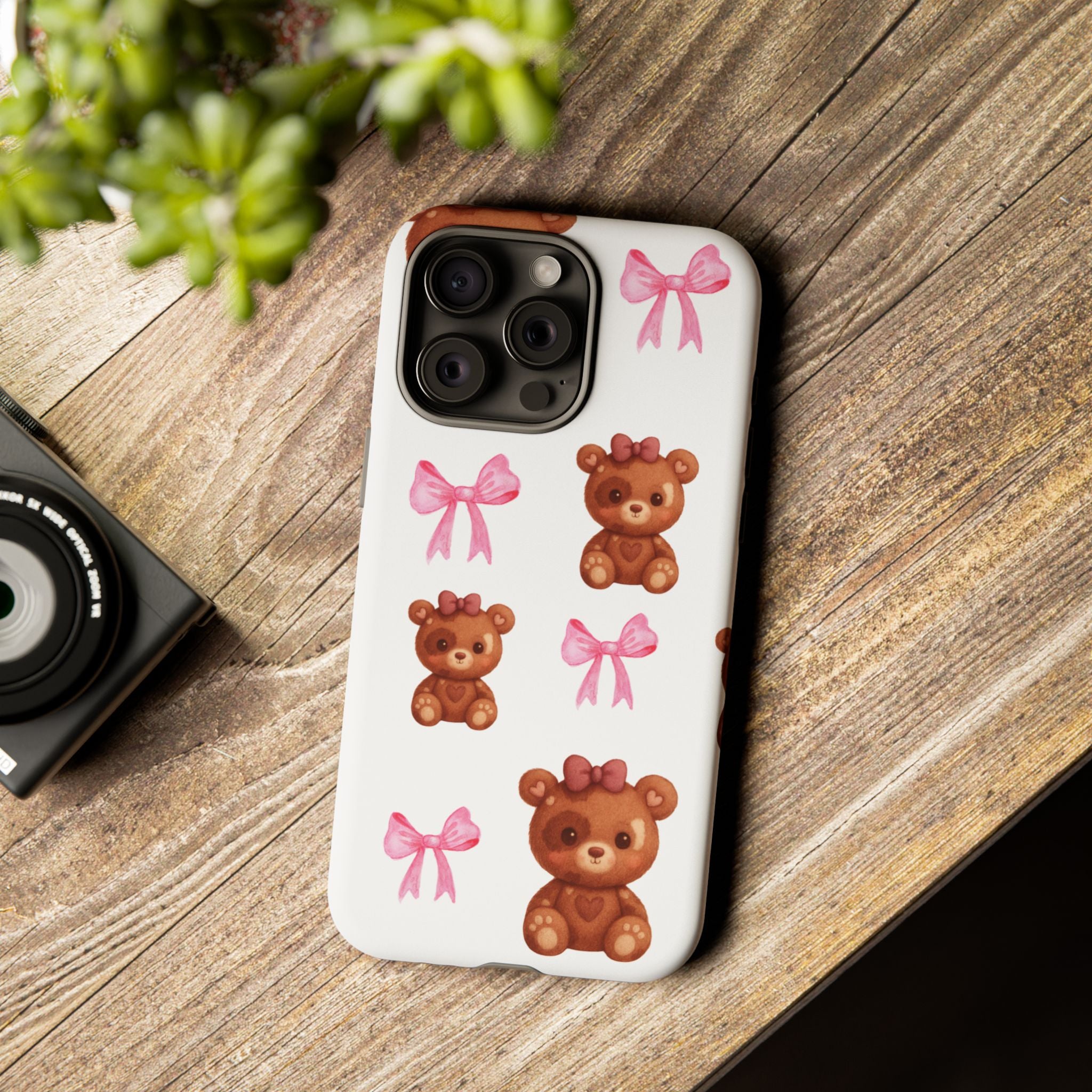 Cute Teddy Bear Phone Case – Pink Bows Patterned Protective iPhone Case