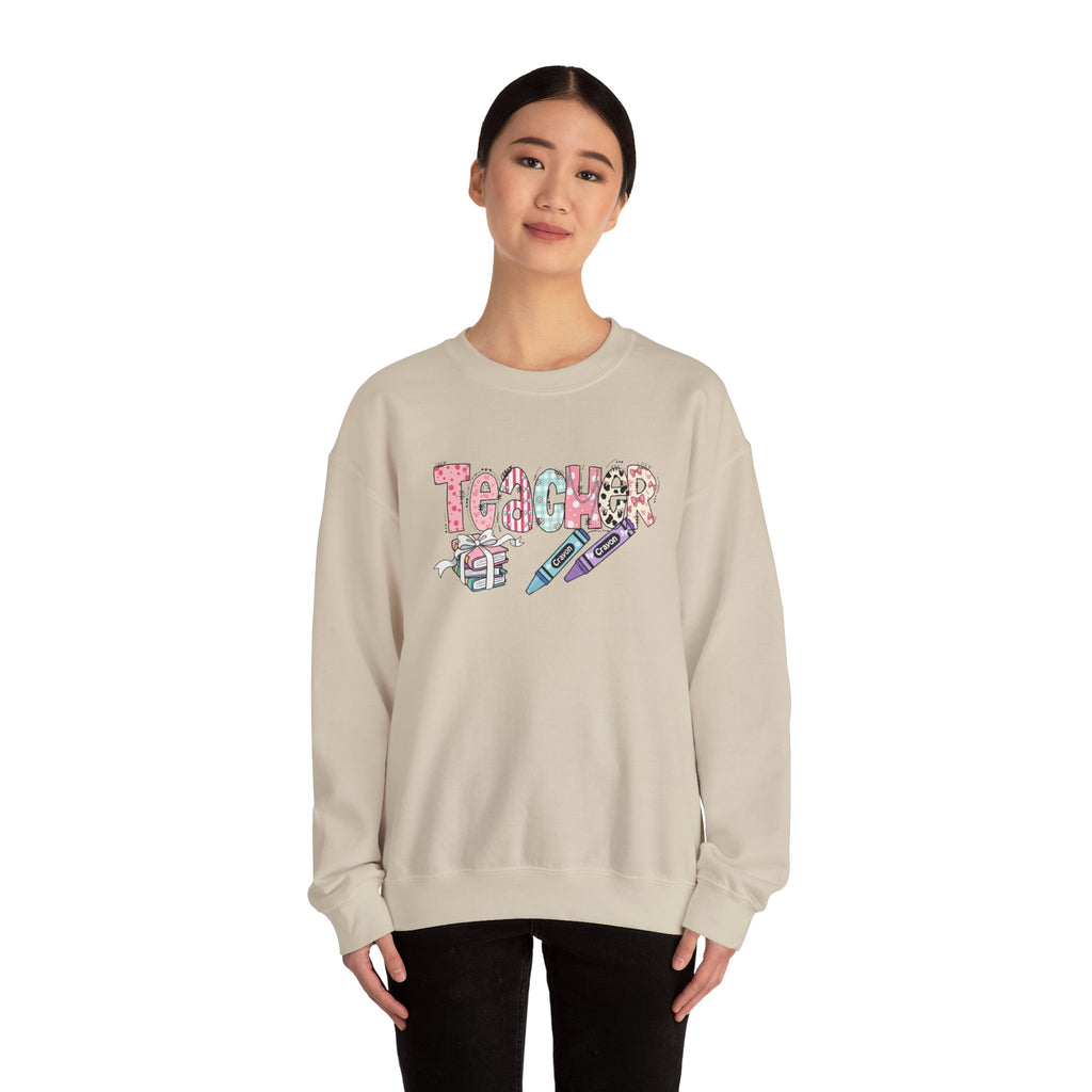 Teacher Floral Crewneck Sweatshirt — Pastel Pencil & Apple Design