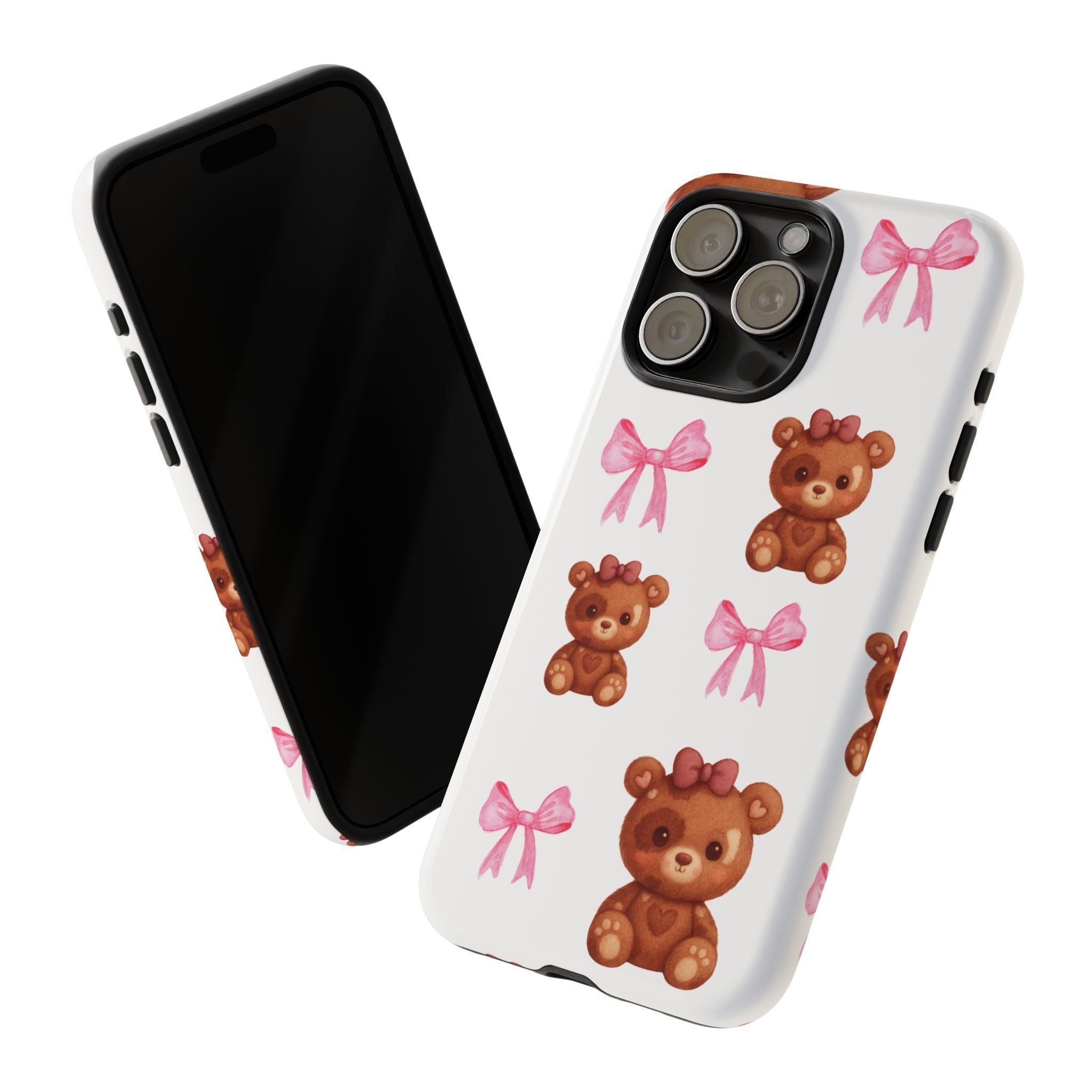 Cute Teddy Bear Phone Case – Pink Bows Patterned Protective iPhone Case