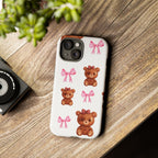 Cute Teddy Bear Phone Case – Pink Bows Patterned Protective iPhone Case