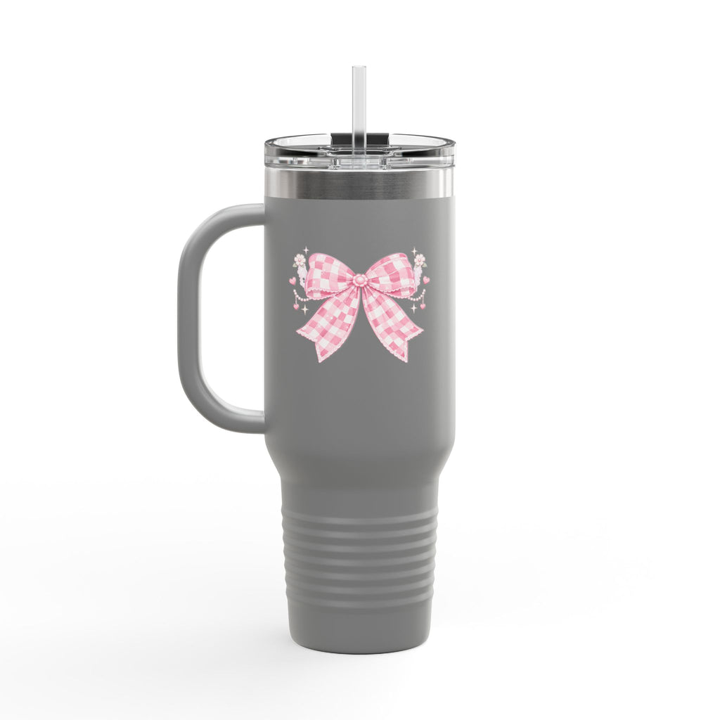 40oz Insulated Travel Mug — Pink Gingham Bow Design