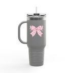 40oz Insulated Travel Mug — Pink Gingham Bow Design