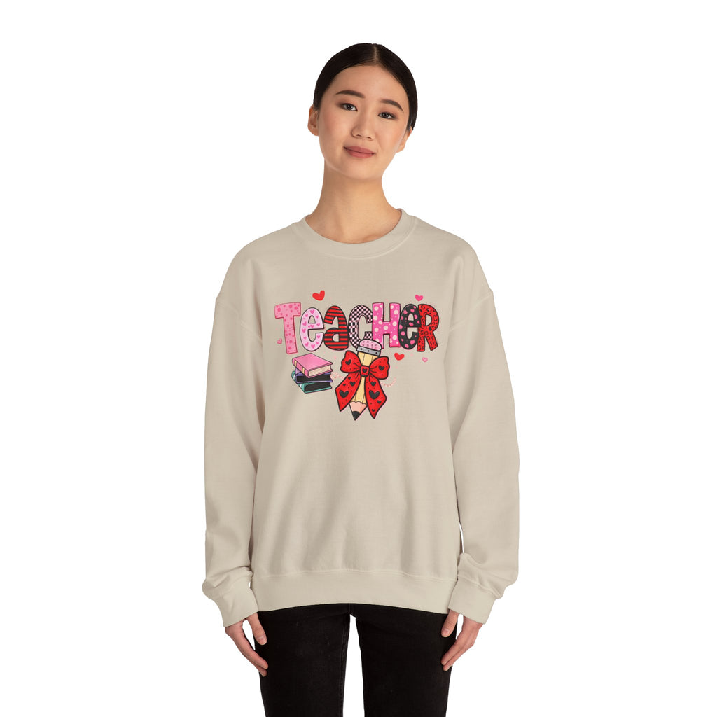 Teacher Crewneck Sweatshirt — Cute Pink Bow & Books Design | Teacher Appreciation Gift