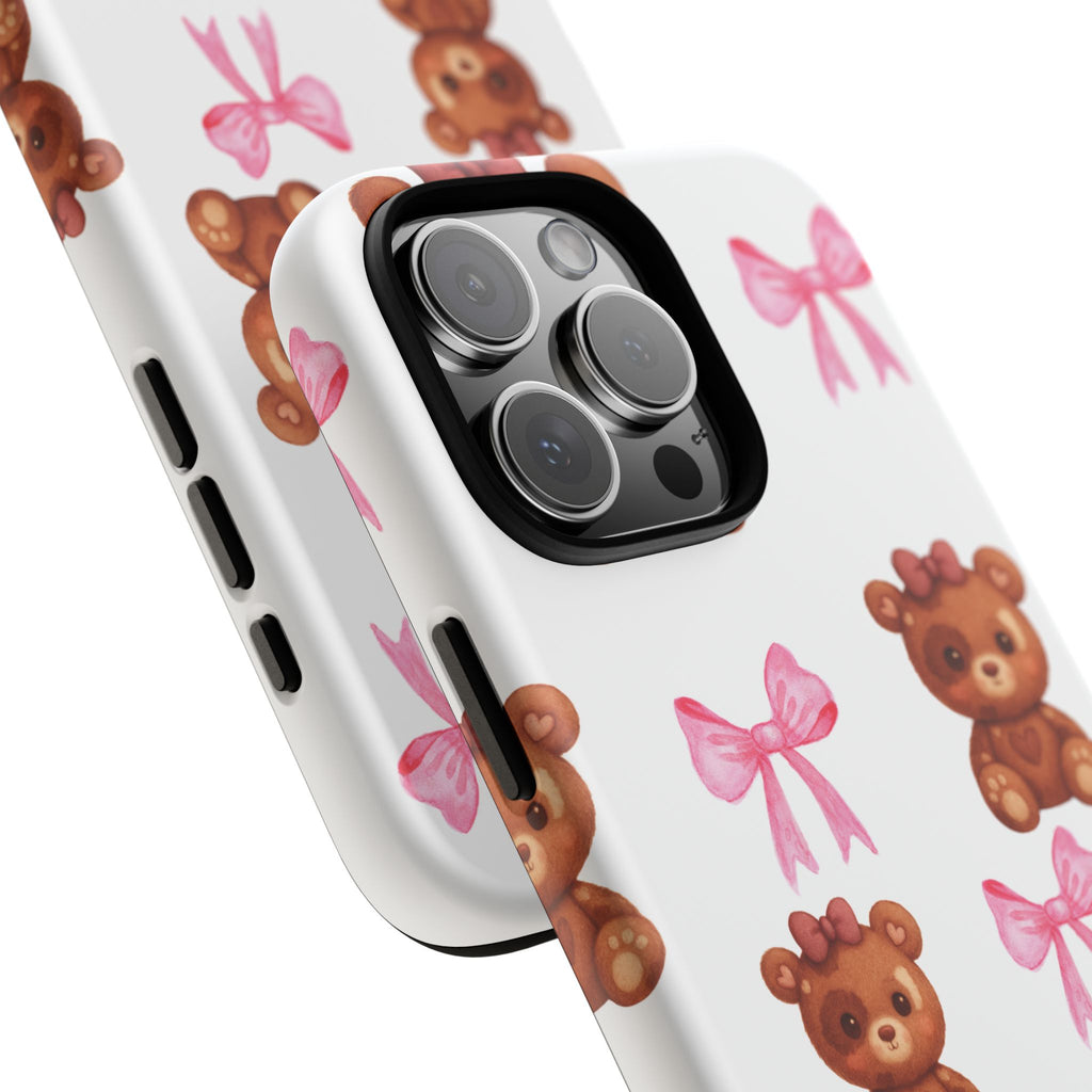 Cute Teddy Bear Phone Case – Pink Bows Patterned Protective iPhone Case