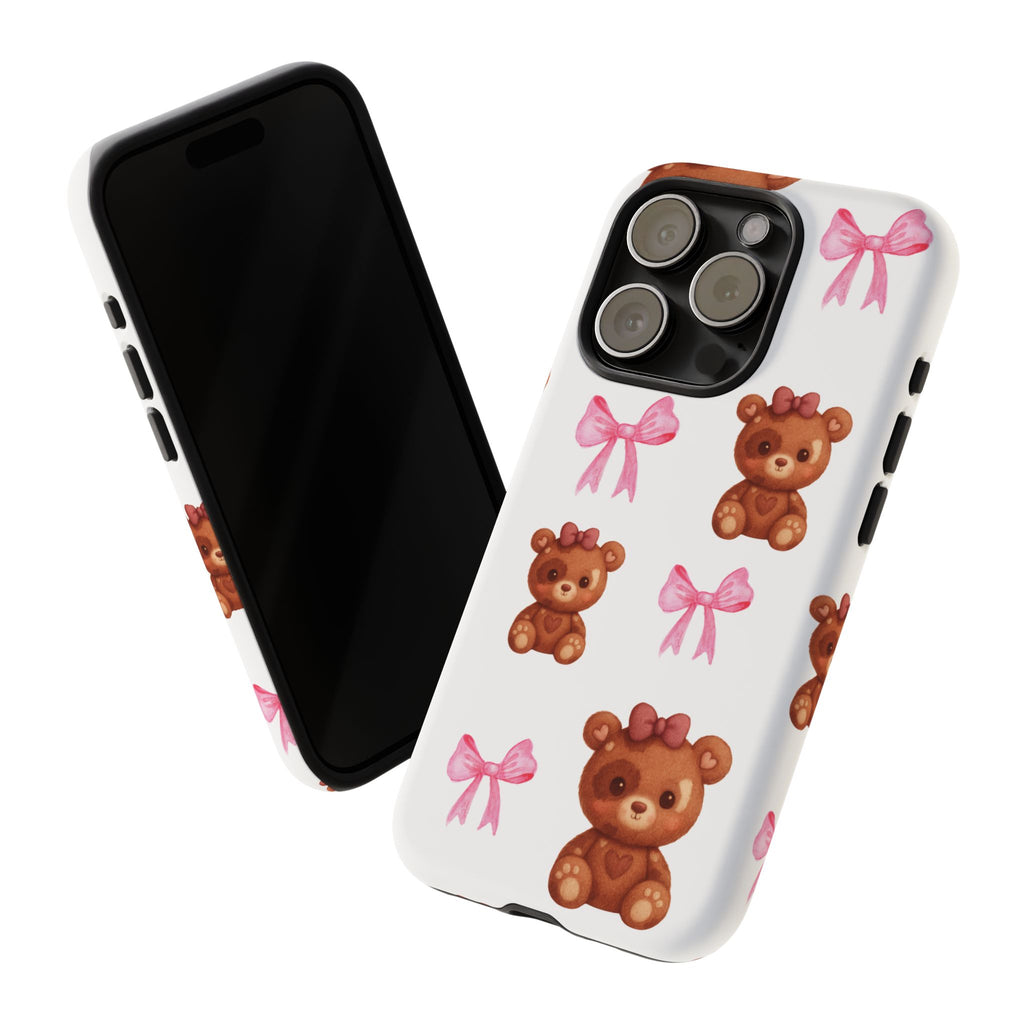 Cute Teddy Bear Phone Case – Pink Bows Patterned Protective iPhone Case