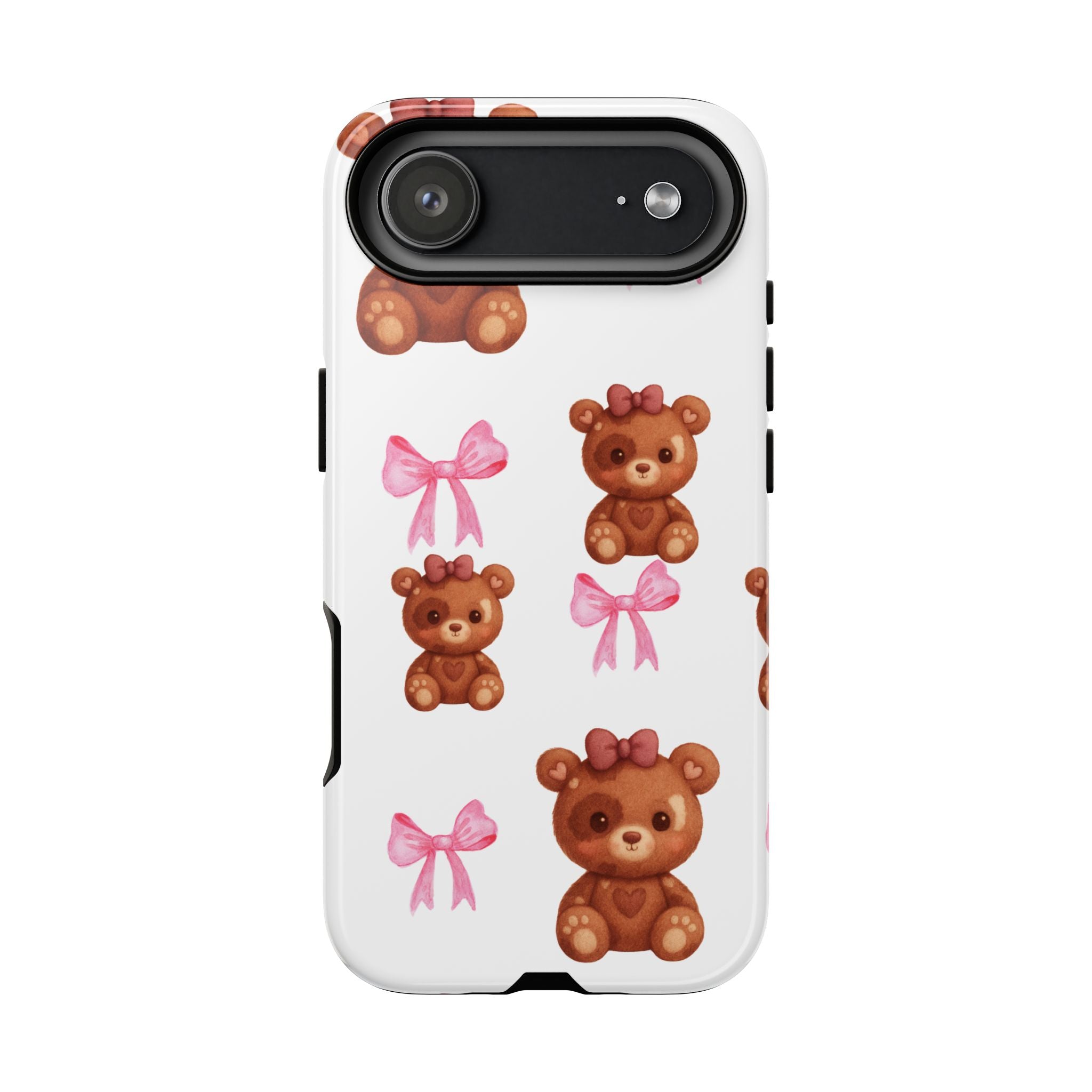 Cute Teddy Bear Phone Case – Pink Bows Patterned Protective iPhone Case