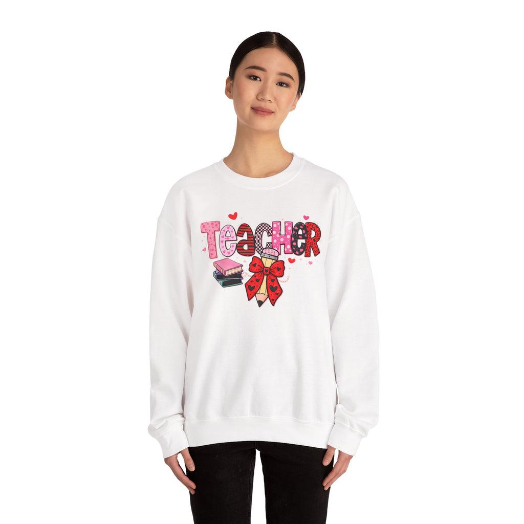 Teacher Crewneck Sweatshirt — Cute Pink Bow & Books Design | Teacher Appreciation Gift