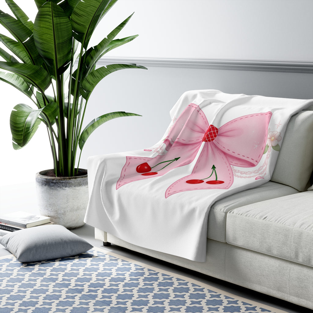 Cherry Bow Sherpa Blanket — Cute Pink Ribbon & Cherries Cozy Throw