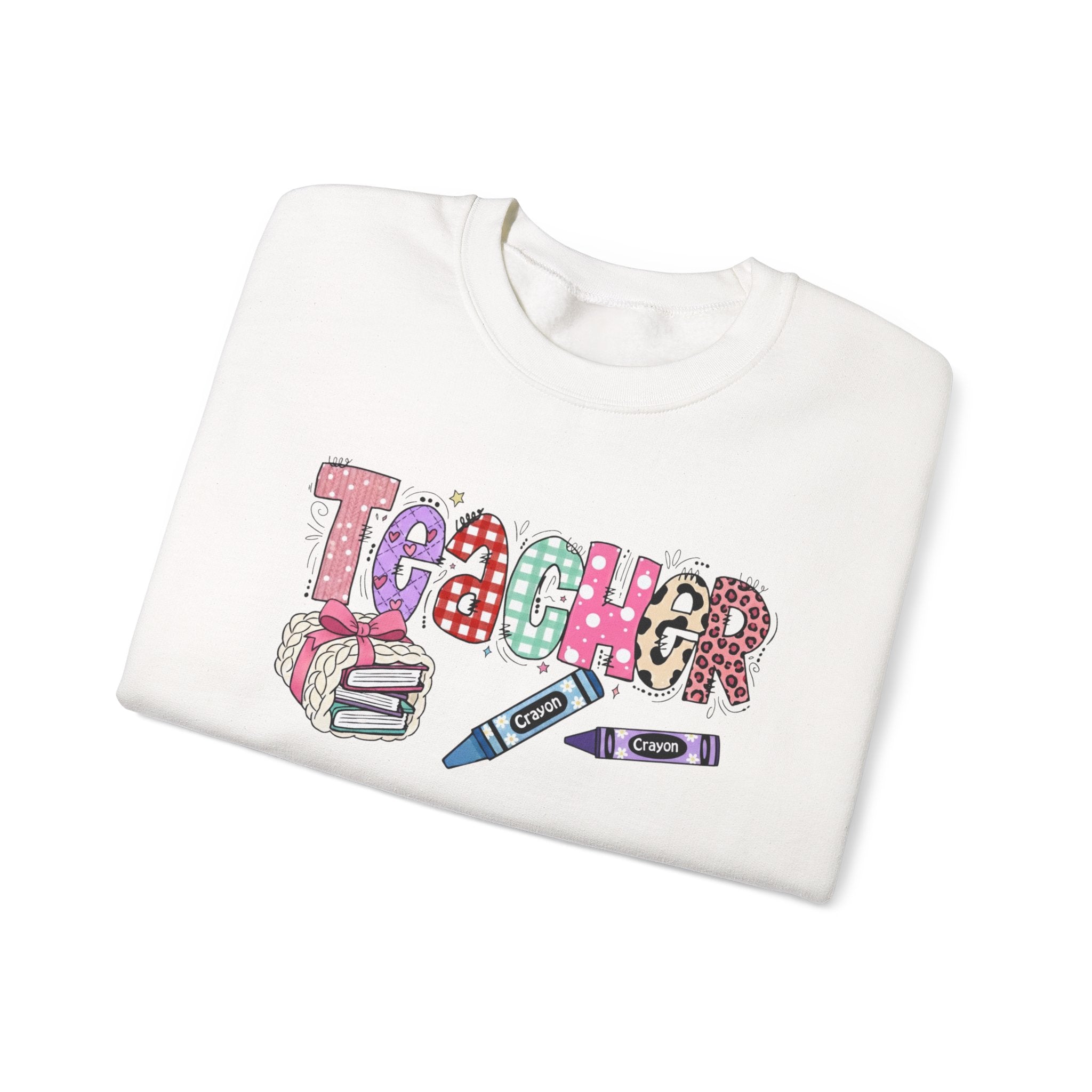 Teacher Crewneck Sweatshirt – Colorful 'Teacher' Design with Books & Crayons, Teacher Appreciation Gift