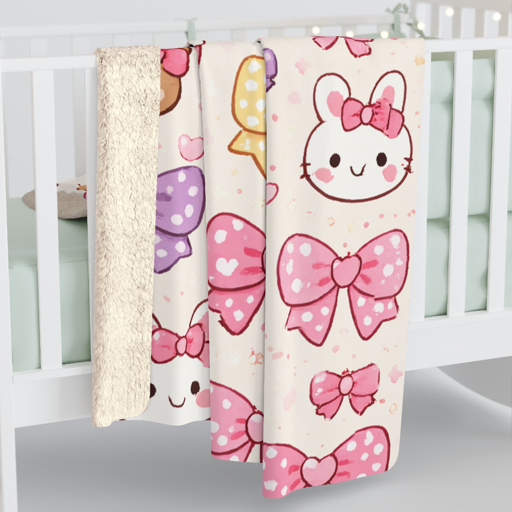 Kawaii Pastel Bow Sherpa Blanket — Cute Dessert & Bear Pattern Cozy Throw