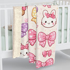 Kawaii Pastel Bow Sherpa Blanket — Cute Dessert & Bear Pattern Cozy Throw