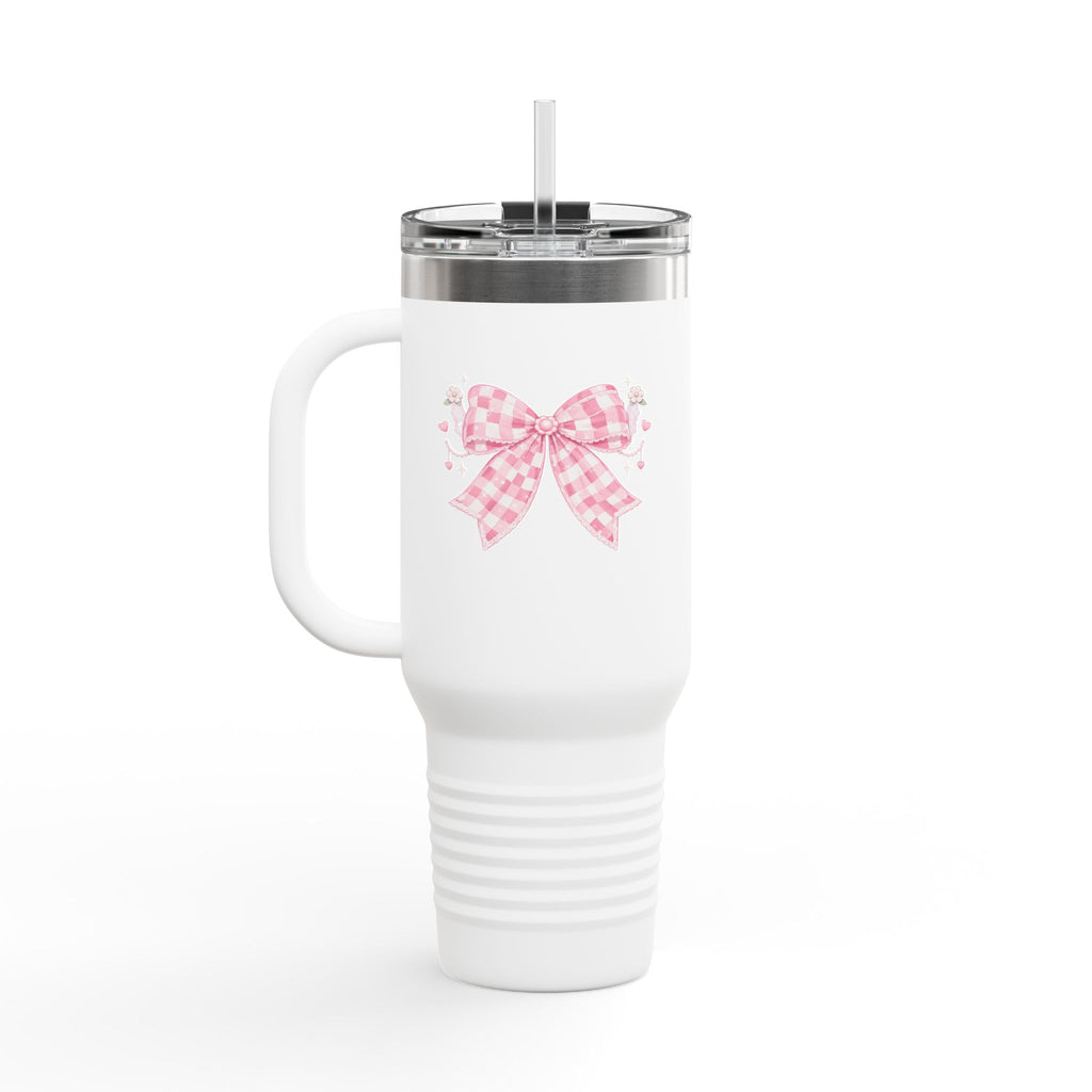 40oz Insulated Travel Mug — Pink Gingham Bow Design