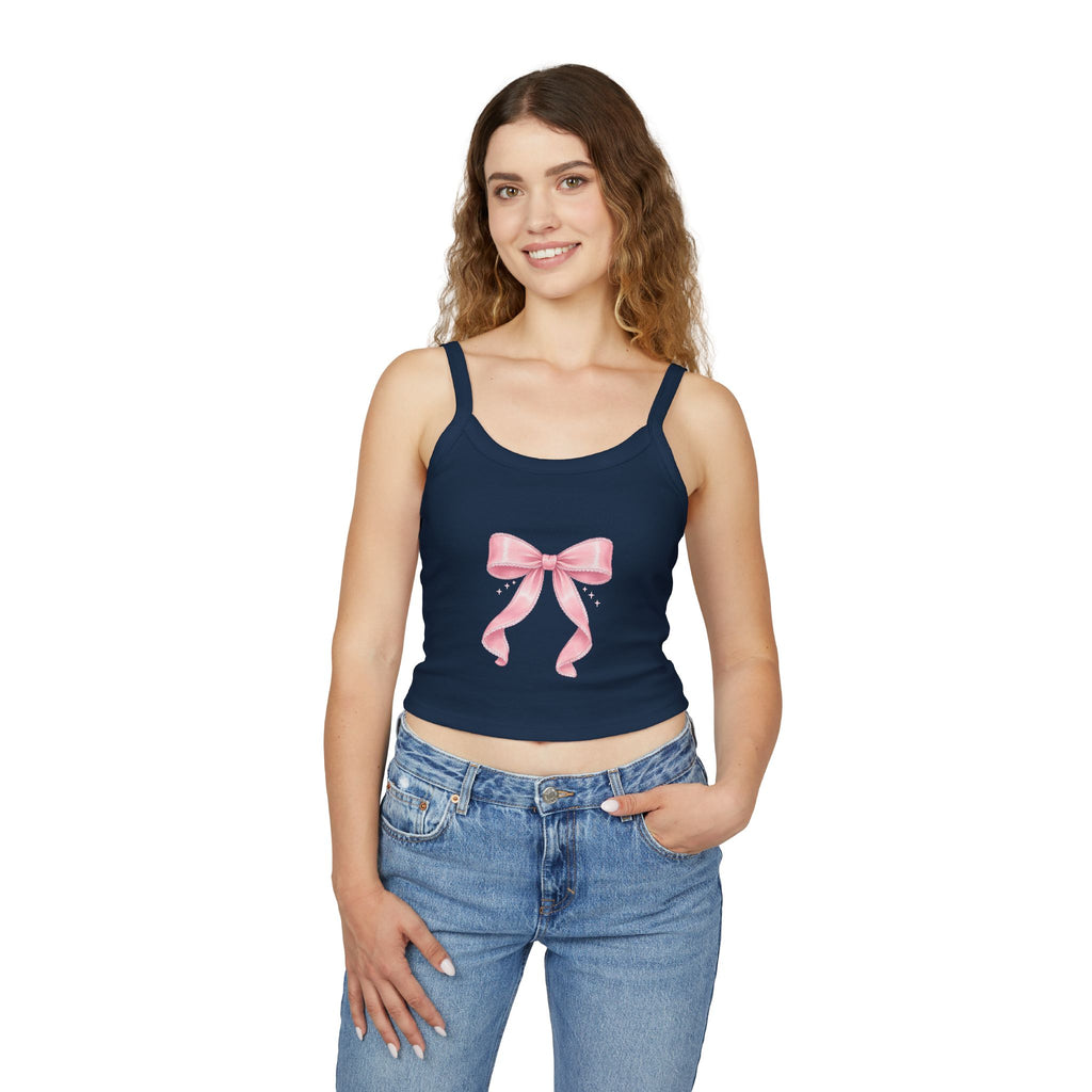 Pink Ribbon Bow Crop Tank Top — Cute Girly Spaghetti Strap Top