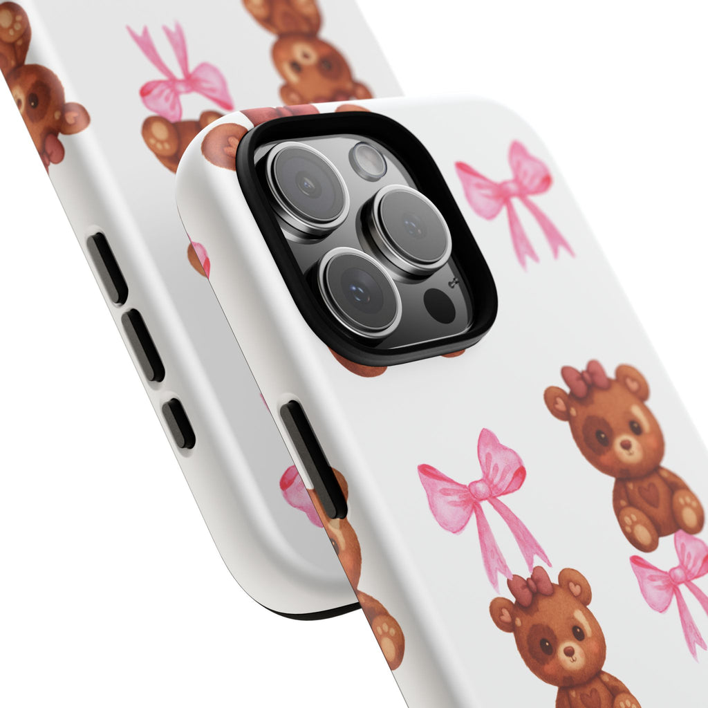 Cute Teddy Bear Phone Case – Pink Bows Patterned Protective iPhone Case