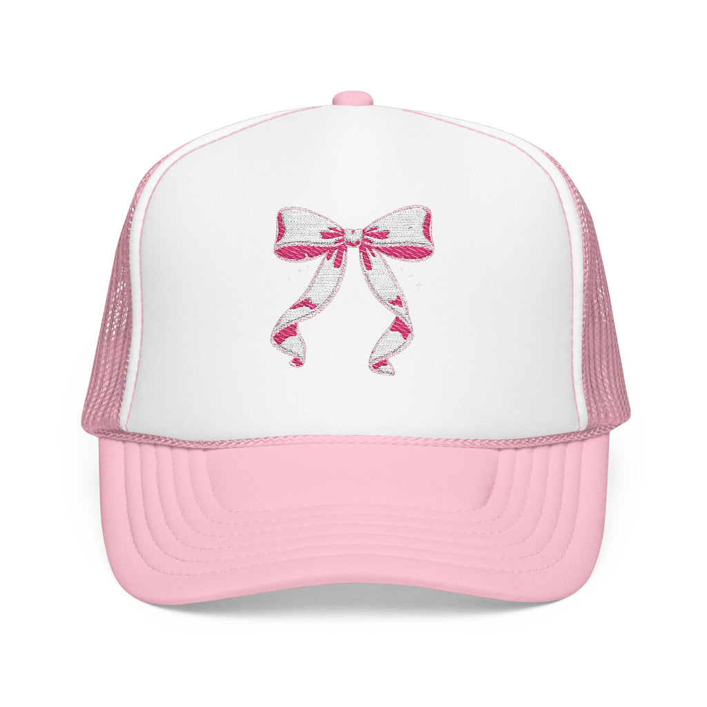 Bow Embroidered Trucker Hat — Pink Ribbon Detail Mesh Cap
