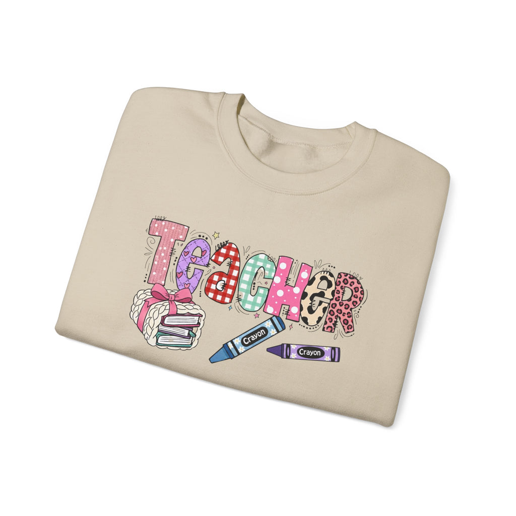 Teacher Crewneck Sweatshirt – Colorful 'Teacher' Design with Books & Crayons, Teacher Appreciation Gift