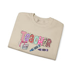 Teacher Crewneck Sweatshirt – Colorful 'Teacher' Design with Books & Crayons, Teacher Appreciation Gift