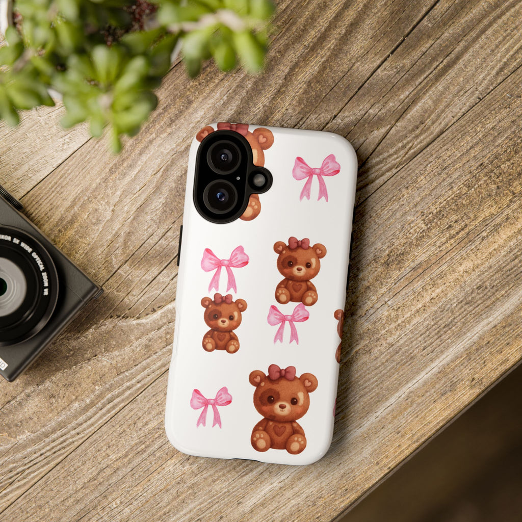 Cute Teddy Bear Phone Case – Pink Bows Patterned Protective iPhone Case