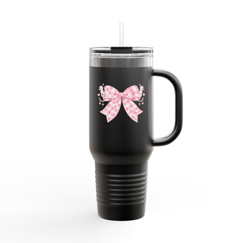 40oz Insulated Travel Mug — Pink Gingham Bow Design