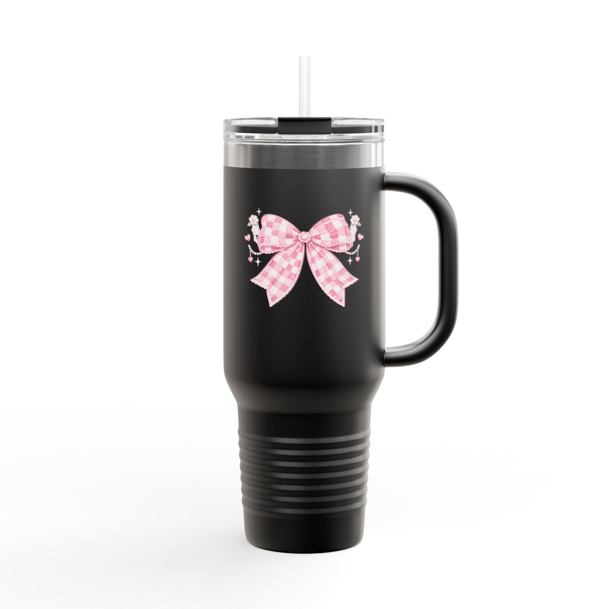 40oz Insulated Travel Mug — Pink Gingham Bow Design