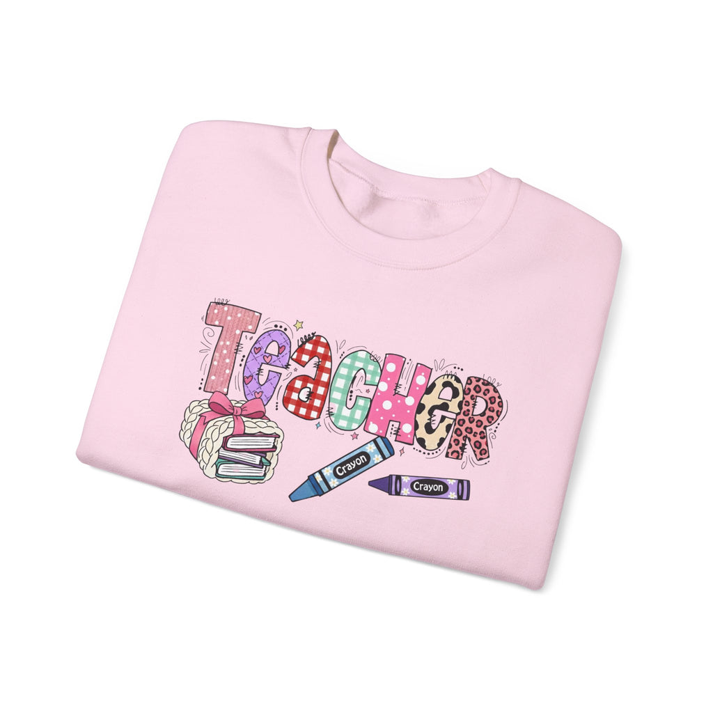 Teacher Crewneck Sweatshirt – Colorful 'Teacher' Design with Books & Crayons, Teacher Appreciation Gift