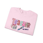 Teacher Crewneck Sweatshirt – Colorful 'Teacher' Design with Books & Crayons, Teacher Appreciation Gift