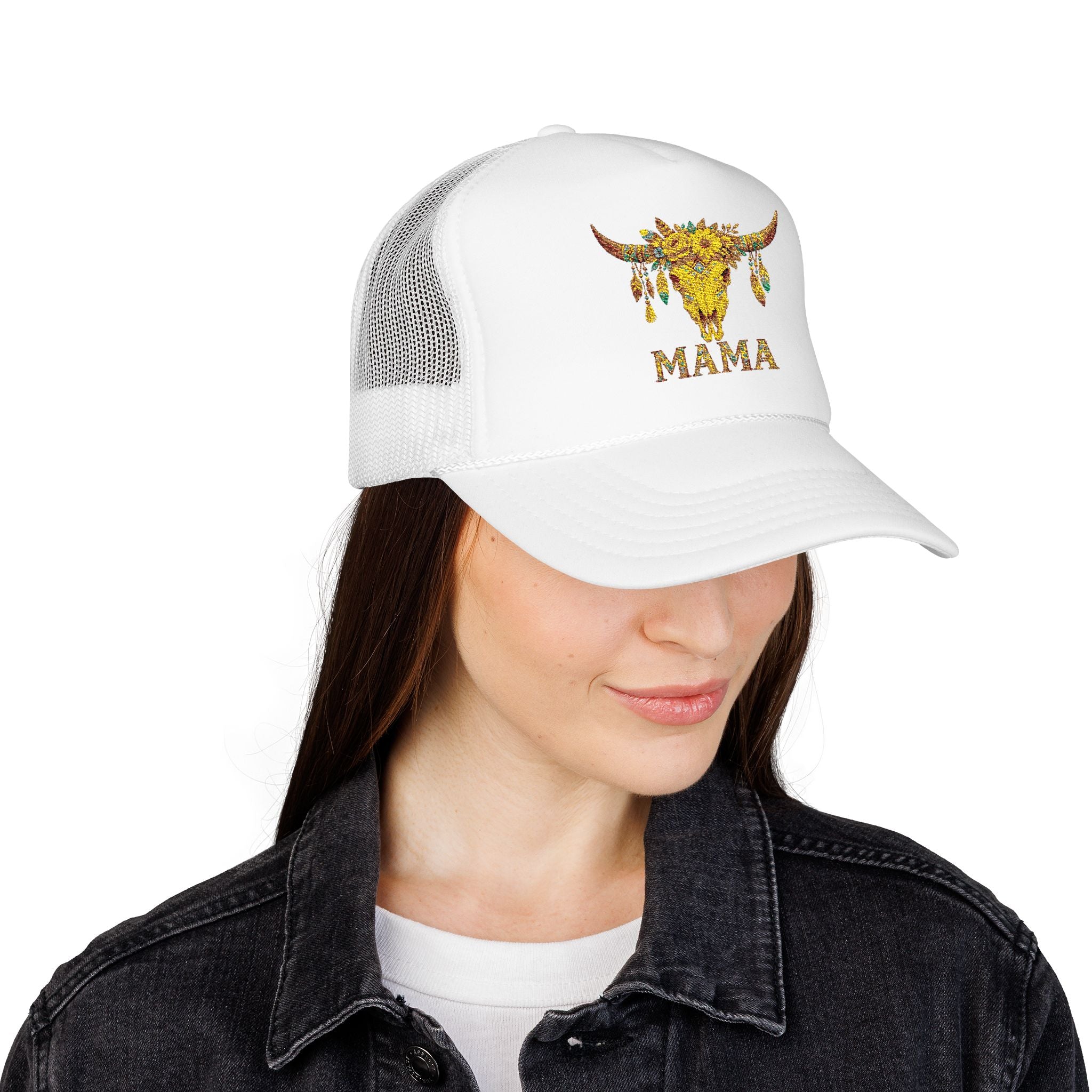 Mama Floral Bull Skull Embroidered Trucker Hat