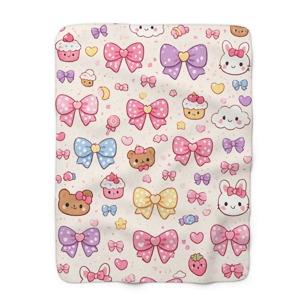 Kawaii Pastel Bow Sherpa Blanket — Cute Dessert & Bear Pattern Cozy Throw