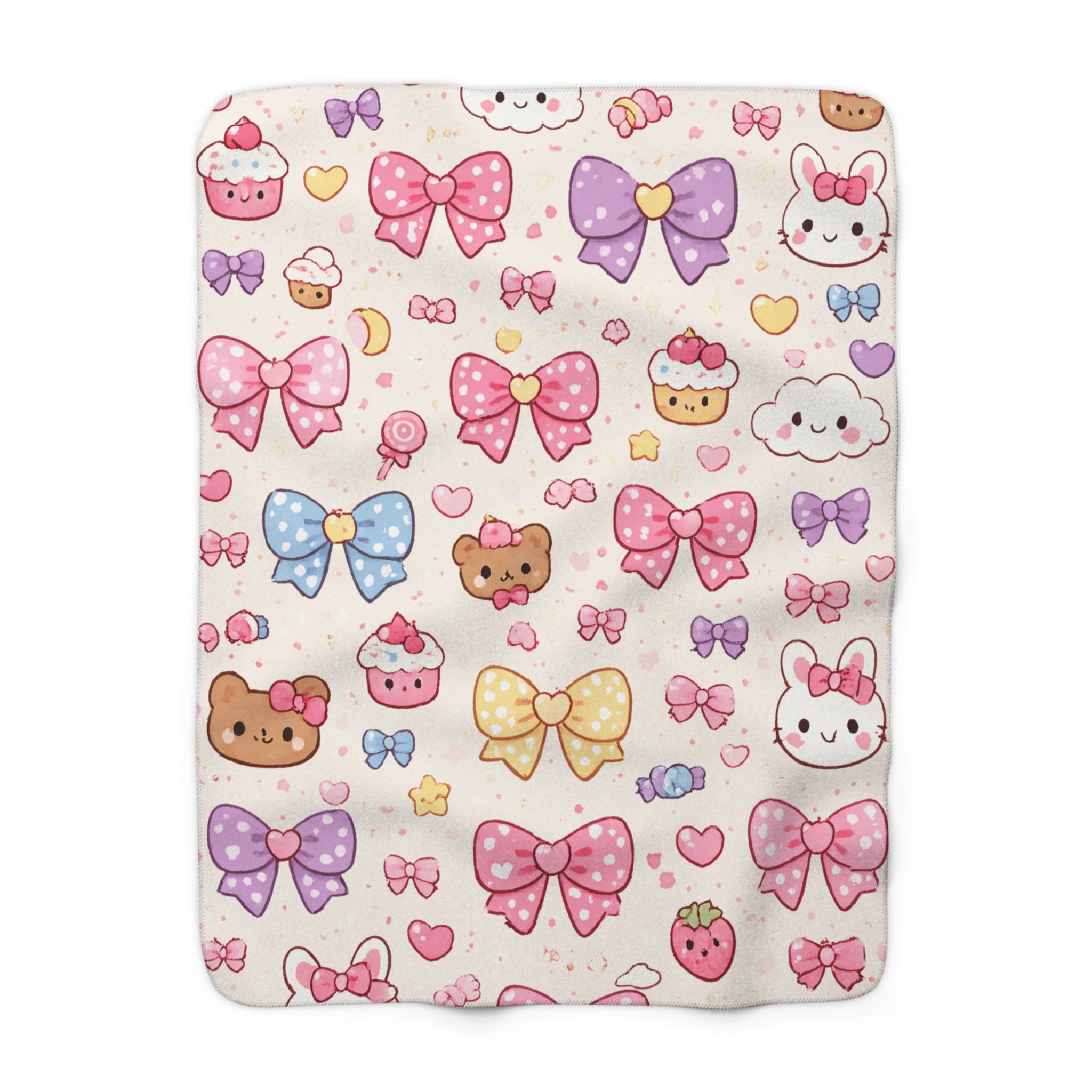 Kawaii Pastel Bow Sherpa Blanket — Cute Dessert & Bear Pattern Cozy Throw