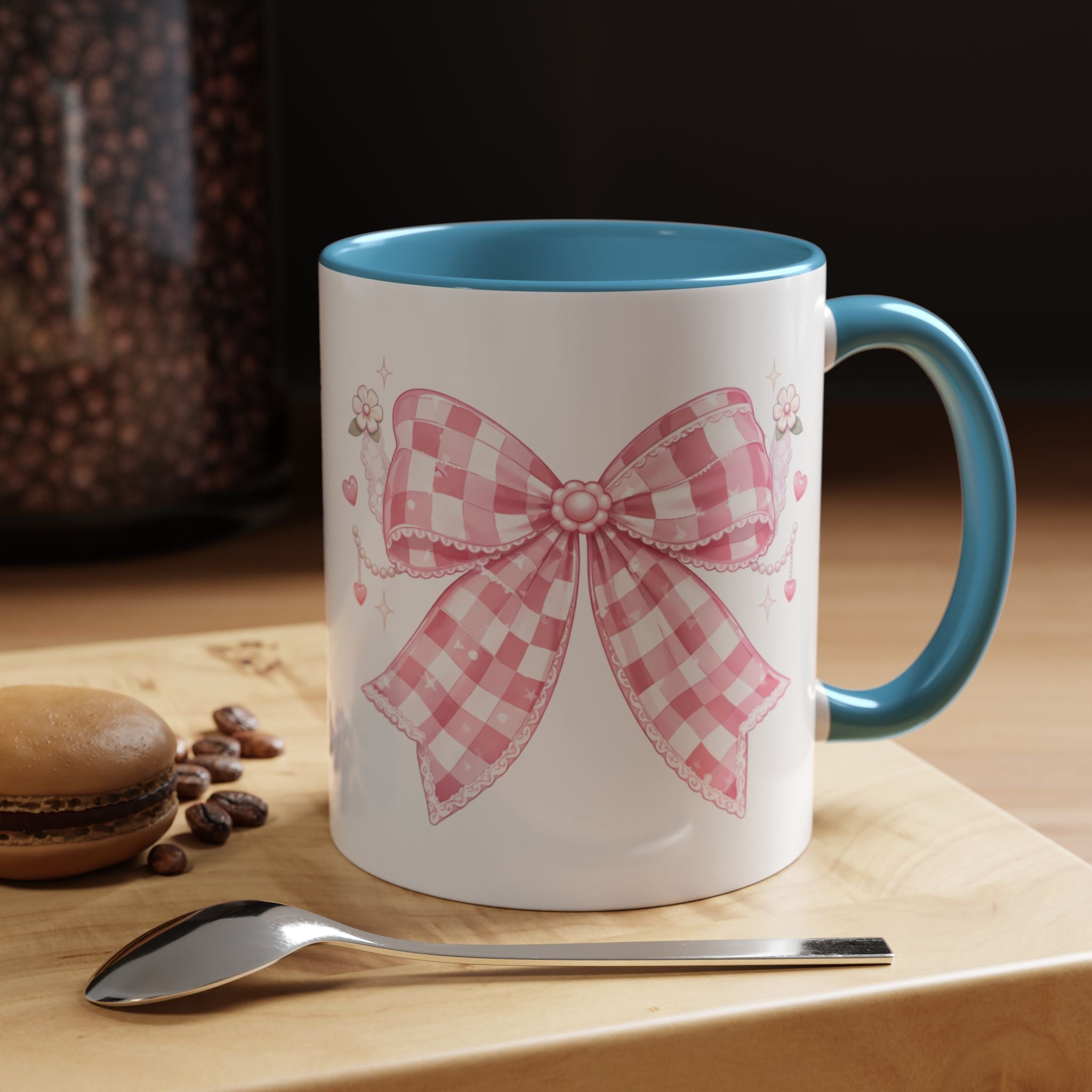 Pink Gingham Bow Accent Coffee Mug (11/15oz) — Cute Cottagecore Kitchen Gift
